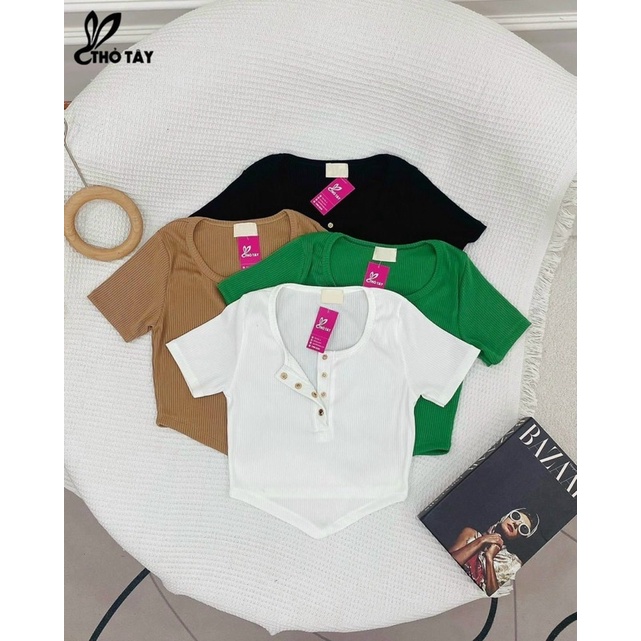 Áo Thun Cổ U Cài Khuy Croptop Tay Ngắn Vạt Nhọn