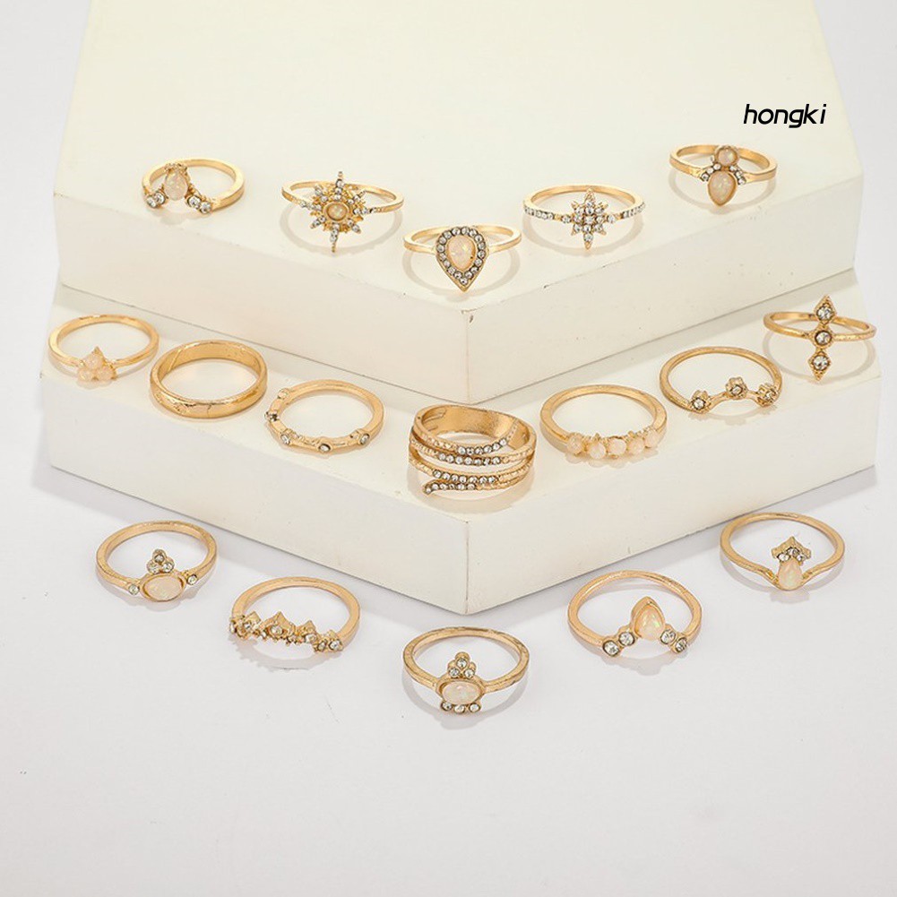 Set 17 nhẫn đính đá quý nhân tạo phong cách bohemian thời trang cho nữ