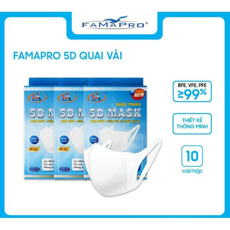 Khẩu Trang 5D FAMAPRO QUAI VẢI 3 lớp Kháng Khuẩn 10 cái/ hộp