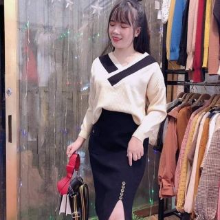 Áo len cổ viền cúc dáng thung mix chân váy  len xẻ  cúc