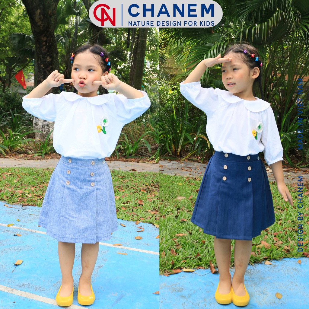Chân váy đi học bé gái MILA CHANEM chất bò giấy/cotton xếp ly phối 6 nút, có quần trong, cho bé từ 1 - 10 tuổi