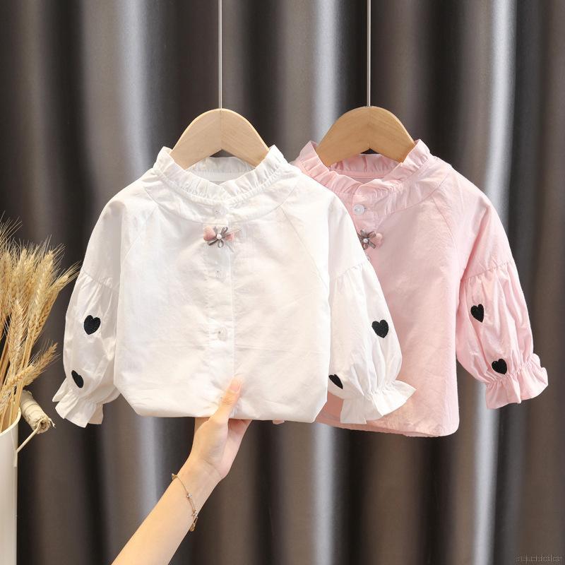 Áo sơ mi bé gái cổ đứng phối bèo xinh xắn phong cách Hàn Quốc