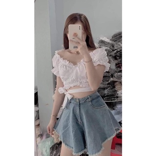 Áo đan chéo eo cột dây tay ngắn
