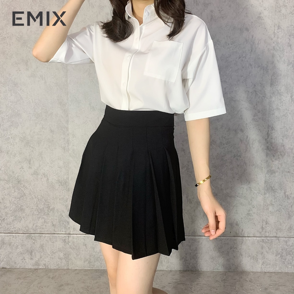 Áo sơ mi nữ cộc tay EMIX (màu trắng), basic, unisex, dáng rộng, túi trước, hàng may kỹ, vải lụa thô đẹp không lộ A045