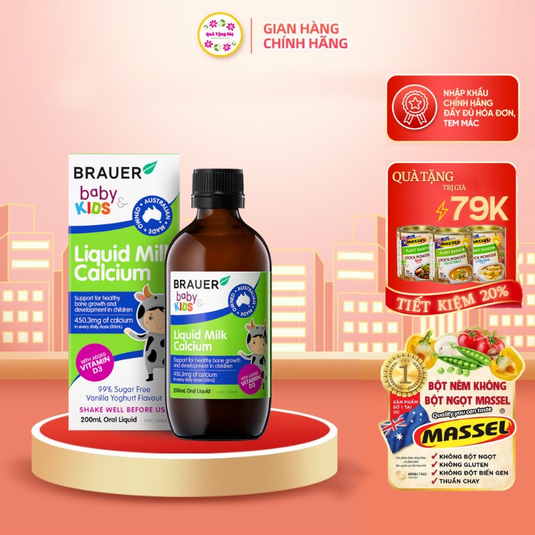 Thực phẩm bổ sung Canxi Vitamin D Brauer Baby Kids 200ml cho bé từ 7 tháng tuổi, nội địa Úc - QT310