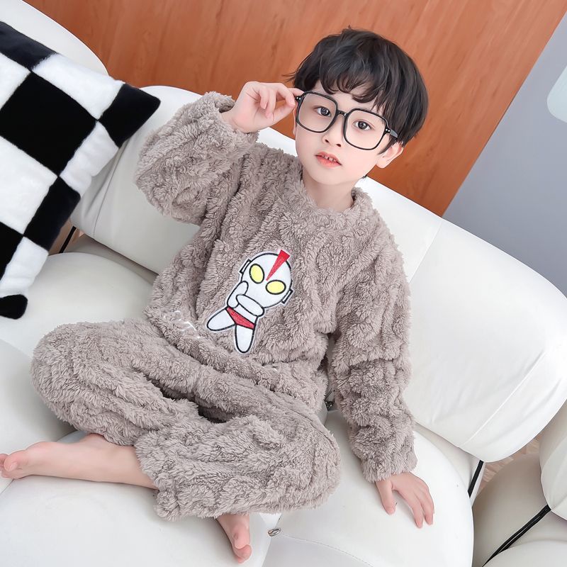 Bộ Đồ Ngủ Lông Cừu San Hô Dày Dặn Giữ Ấm Mùa Thu Đông Cho Bé Trai