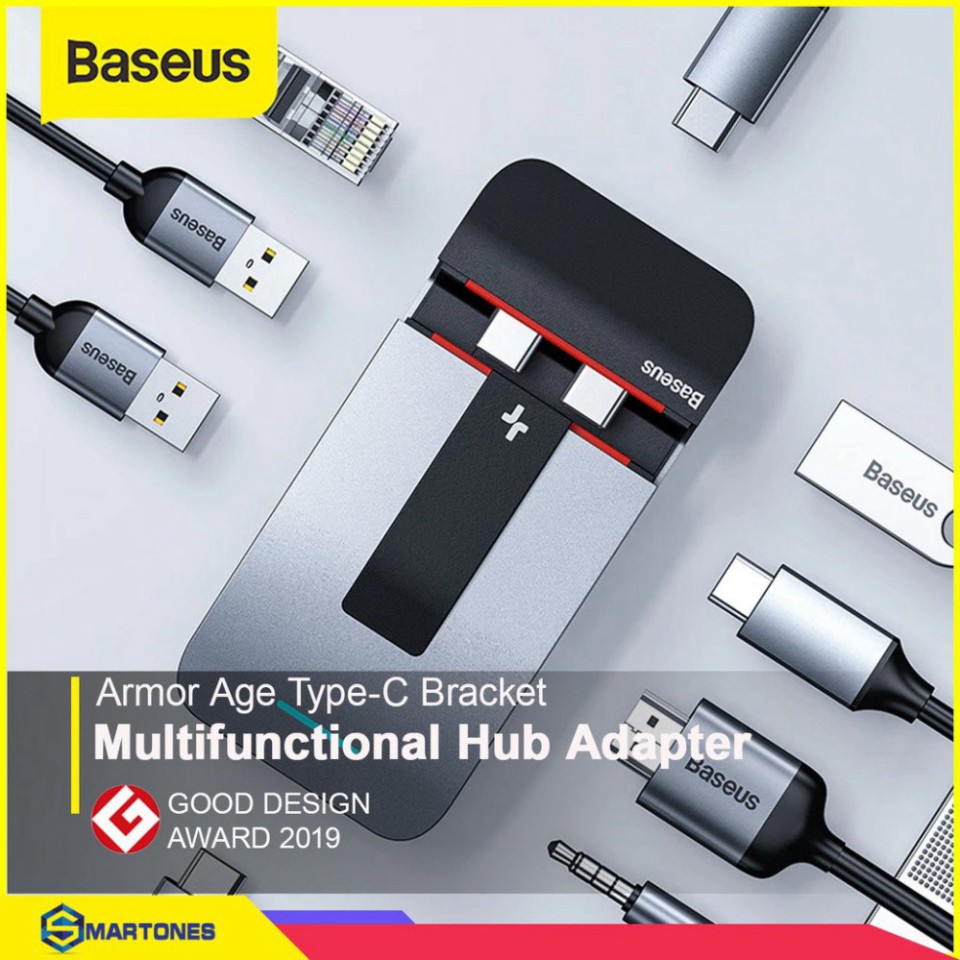 Bộ USB Hub Type C Baseus Armor Age 9 in 1 hỗ trợ Thunderbold 3 , USB 3.0 , HDMI, RJ45 , PD Jack 3.5mm cho Macbook Pro