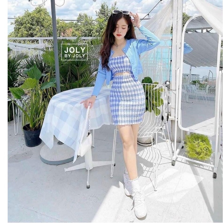 SET 2 MÓN : ĐẦM ỐNG CARO XANH CUT OUT BO NHÚN CHUN KHOÉT HỞ EO LƯNG VAI SEXY ÔM BODY + ÁO KHOÁC TAY DÀI CROPTOP TIỂU THƯ