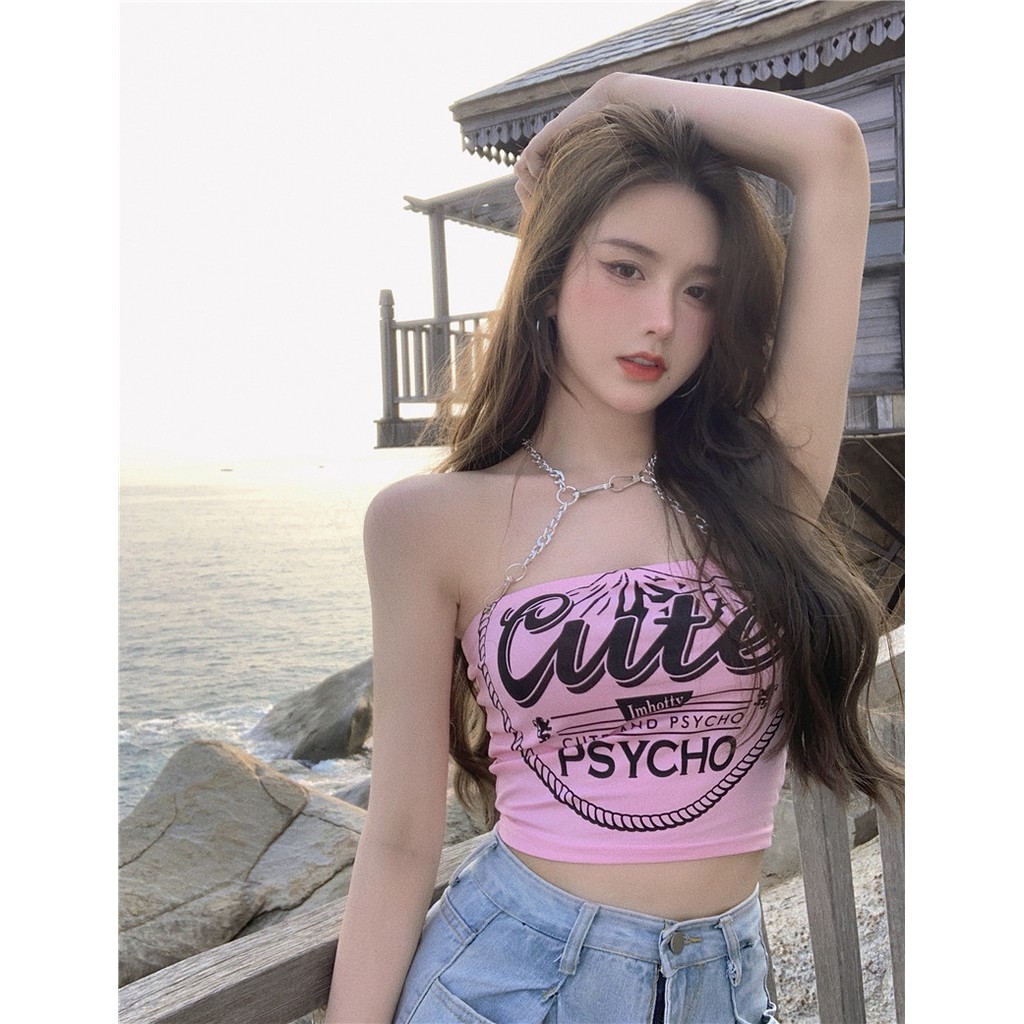 (HÀNG CÓ SẴN) Áo yếm cổ xích mảnh màu hồng sexy