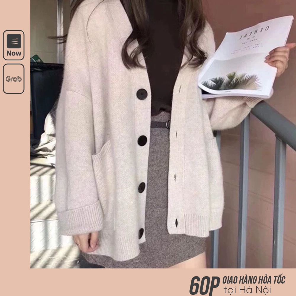 (SẴN) Áo khoác cardigan len nữ dài tay dễ thương học sinh cài cúc túi hộp dáng oversize JK Nhật Bản A00076