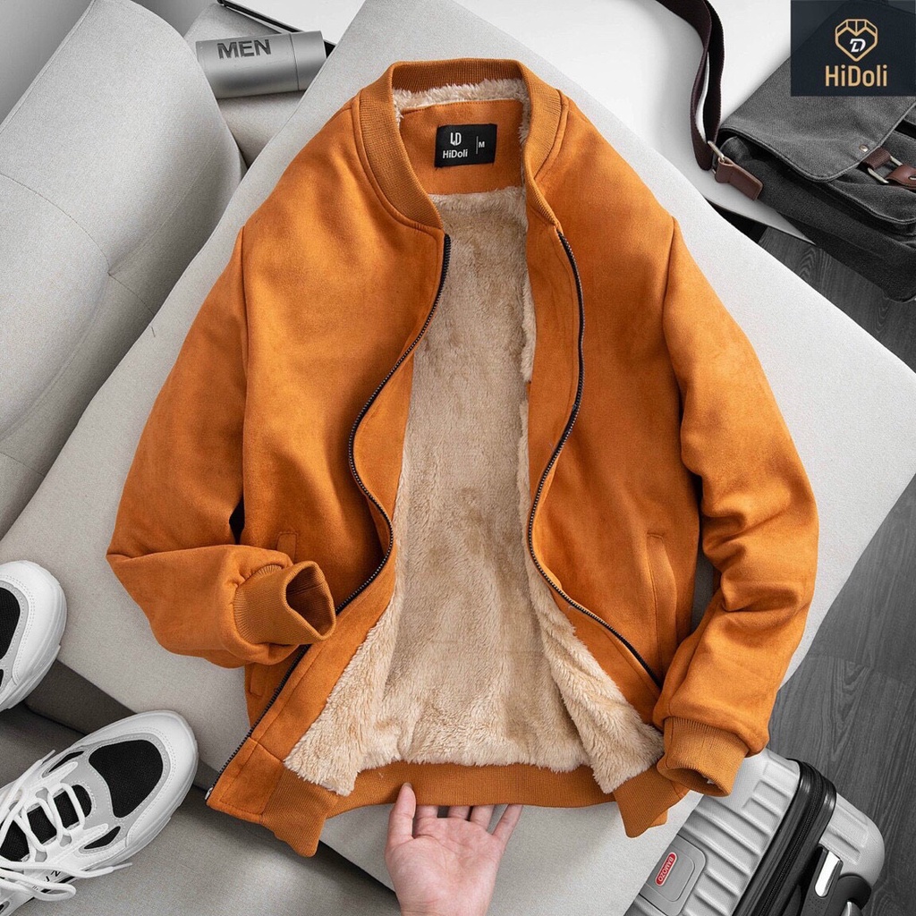 Áo bomber nam da lộn, khoác nam lót lông thời trang 4 màu đen than ghi vàng bò