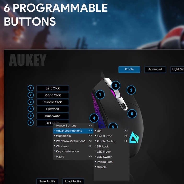 Chuột máy tính dây AUKEY GM-F3 chuột Game Silent-giảm ồn ,6 Nút lập trình, chuột máy tính RGB 7200 DPI Cho PC Laptop