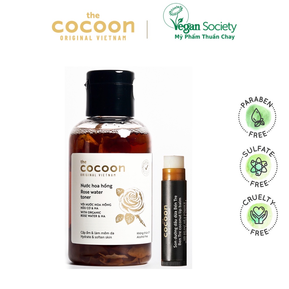 Combo toner Nước hoa hồng cocoon 140ml + Son dưỡng môi dầu dừa bến tre cocoon 5g