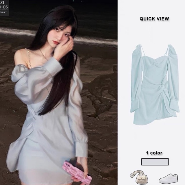 Đầm tiểu thư dài tay trễ vai dang ngắn Ulzzang kèm ảnh thật 🦋