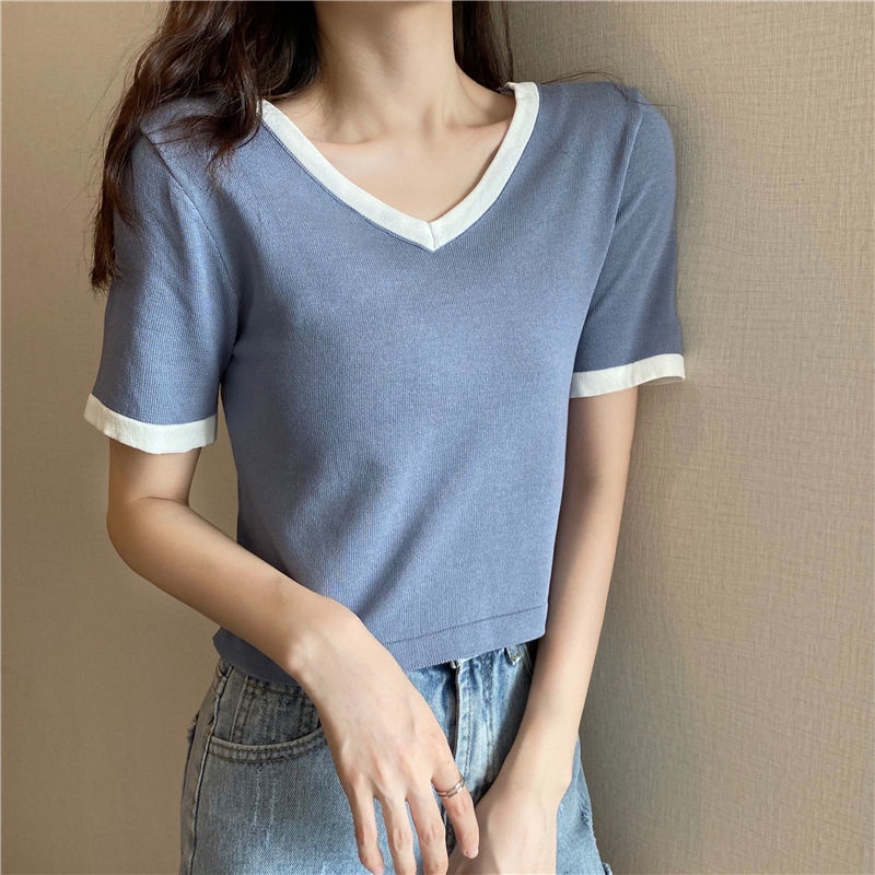 Áo Thun Nữ Dệt Kim Tay Ngắn Cổ Chữ V Phong Cách Hàn Quốc Dễ Phối Đồ Thời Trang Cho Áo phông Nữ NZ-TX-110