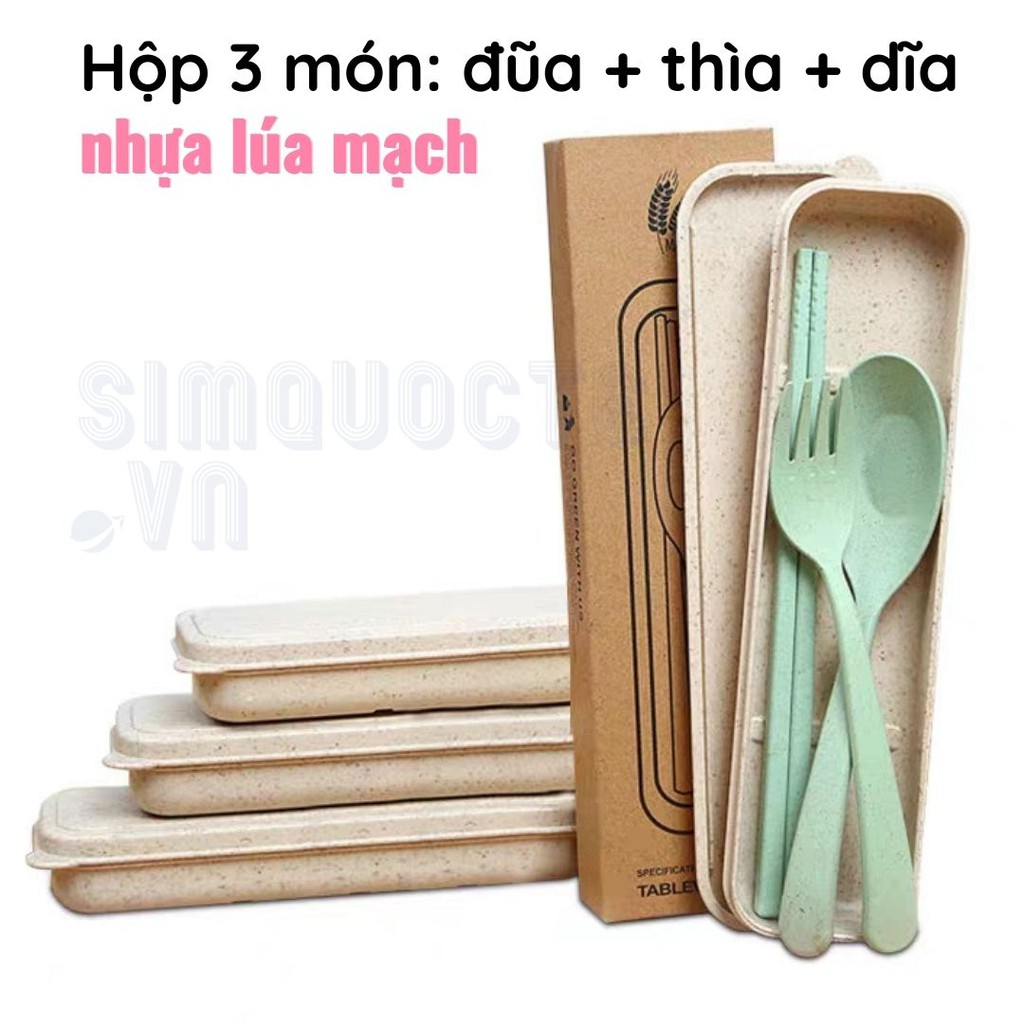 Bộ thìa dĩa đũa có hộp đựng bằng lúa mạch tập ăn cho bé, ăn trưa văn phòng, đi dã ngoại nhiều màu