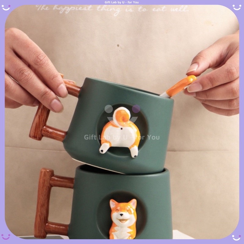 Cốc gốm sứ cao cấp hình cún shiba cười siêu chill kèm nắp thìa [Quà tặng ý nghĩa]