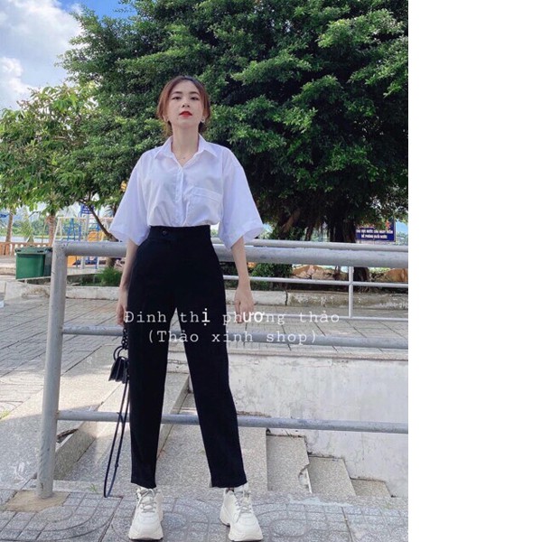 Quần baggy đi học sinh nữ cúc lệch form rộng - Cạp viền lưng cao màu Đen - Vải tuyết mưa - Dáng quần baggy công sở | BigBuy360 - bigbuy360.vn