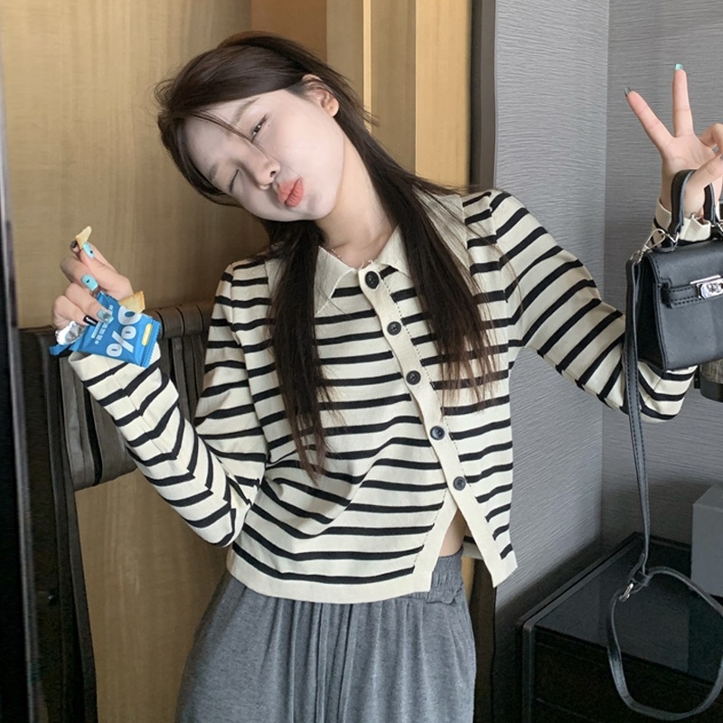 Áo cardigan ZHELIHANGFEI dệt kim cổ bẻ xẻ tà họa tiết kẻ sọc hợp thời trang