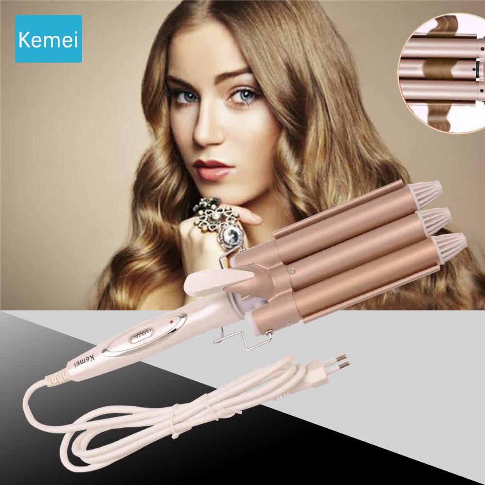 Máy uốn tóc đa năng Kemei-1010 chuyên nghiệp với 3 trục uốn có thể dùng uốn xoăn, uốn lọn gợn sóng, tạo độ phồng cho tóc