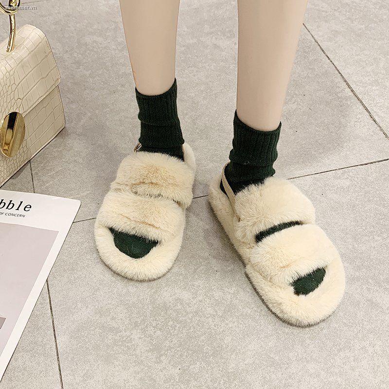 Giày Sandal Đế Bằng Phối Lông Thời Trang Mùa Hè Phong Cách Hàn Quốc Cho Nữ