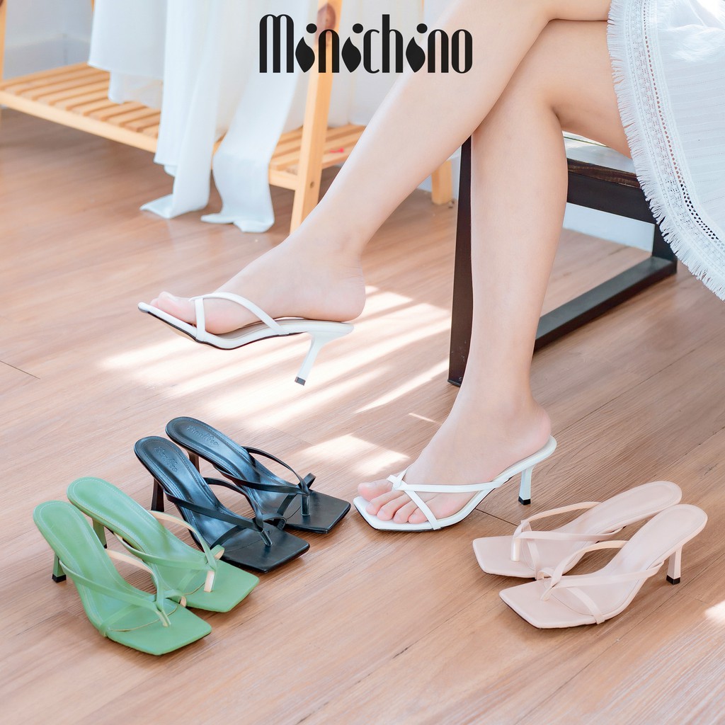 Giày đế xuồng nữ cao 7cm MINICHINO dép nữ gót nhọn mũi vuông, phối dây thời trang màu đen TC030