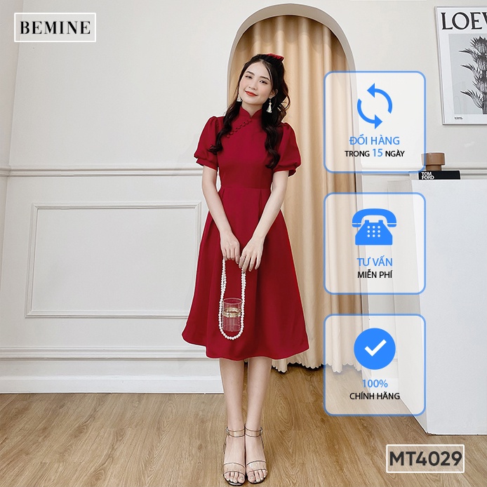 Đầm cổ tàu tay bồng tùng xòe BEMINE MT4029ĐO