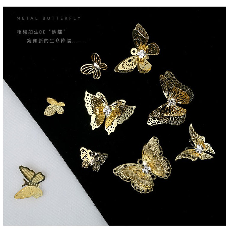 Bướm Ba Chiều Vàng Kim Loại ĐÍnh Móng
