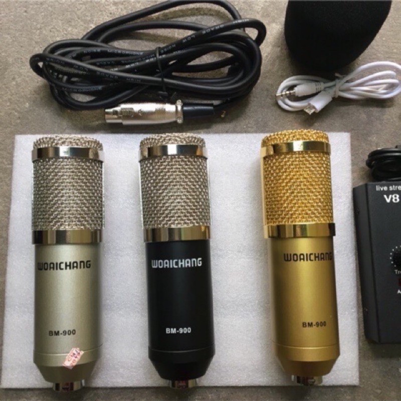 Combo Thu âm Livestream 2 Món MIC WOAICHANG BM900-Sound card H9 Bluetooth kèm dây lives