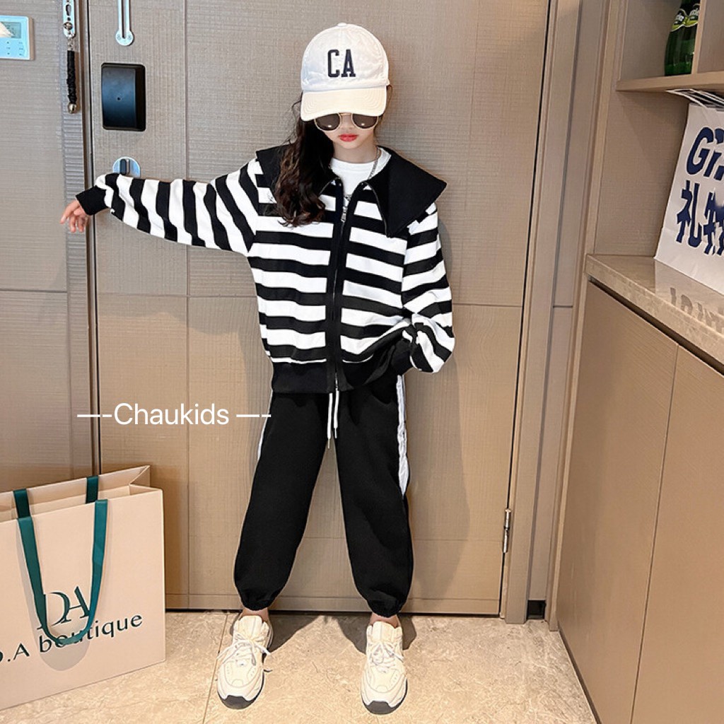 Quần áo bé gái, set bộ quần áo thu đông kẻ ngang cá tính size đại cho bé 20-32kg