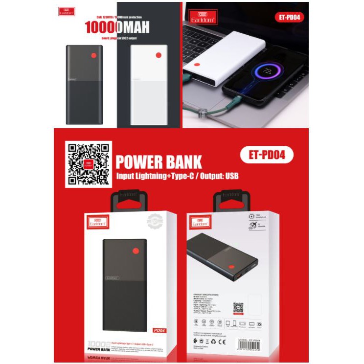 Sạc Dự Phòng 10.000 mah Earldom PD-04 Sạc Nhanh Vỏ Nhựa Cứng Cáp Cách Nhiệt Chống Bám Bẩn