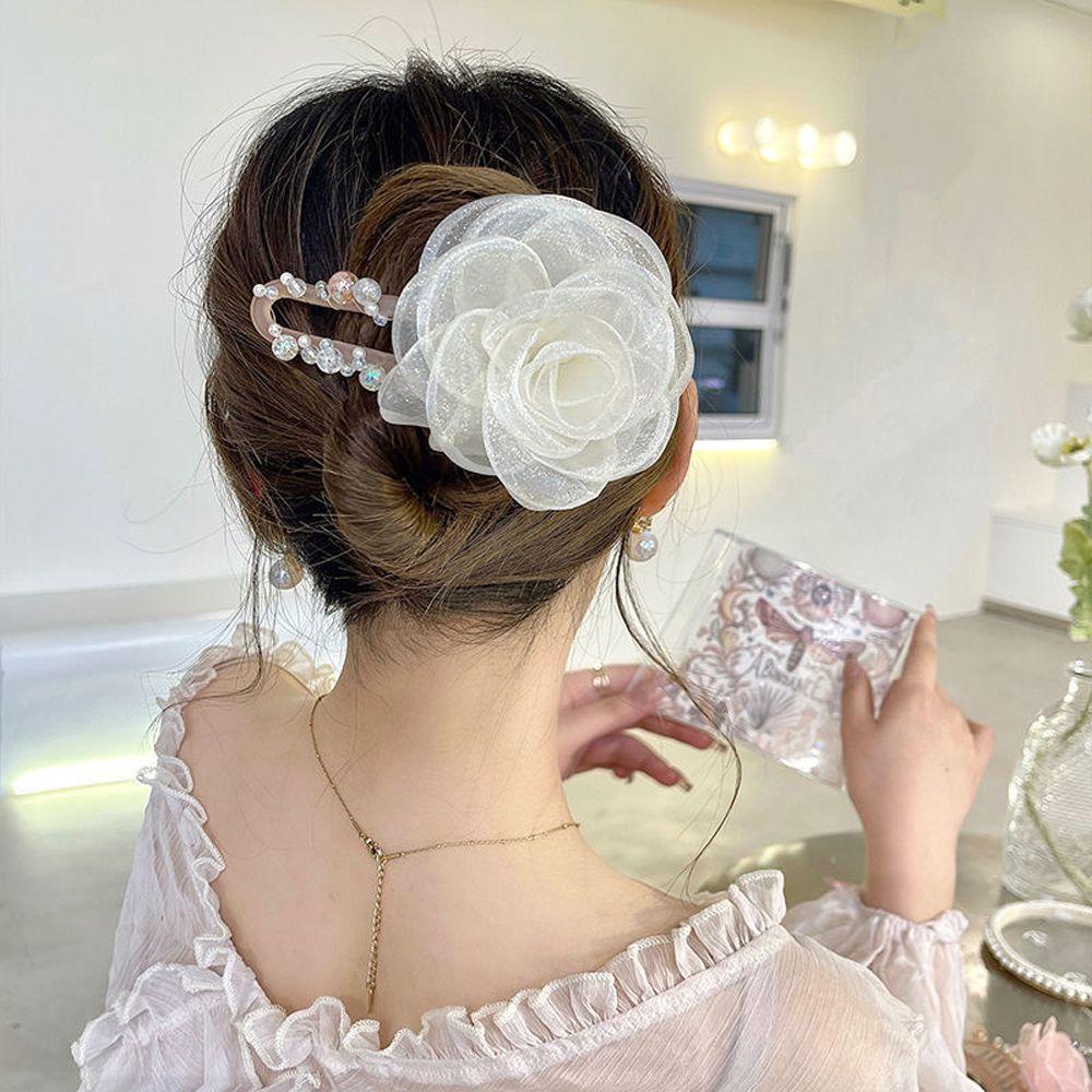 QQMALL Kẹp Tóc Hoa Hồng Vải Lưới Phong Cách Hàn Quốc Dễ Thương Dành Cho Nữ