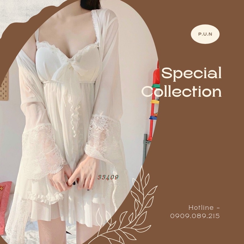 Đồ ngủ - Váy ngủ tiểu thư kèm áo choàng hottrend cúp ngực quyến rũ sexy màu trắng