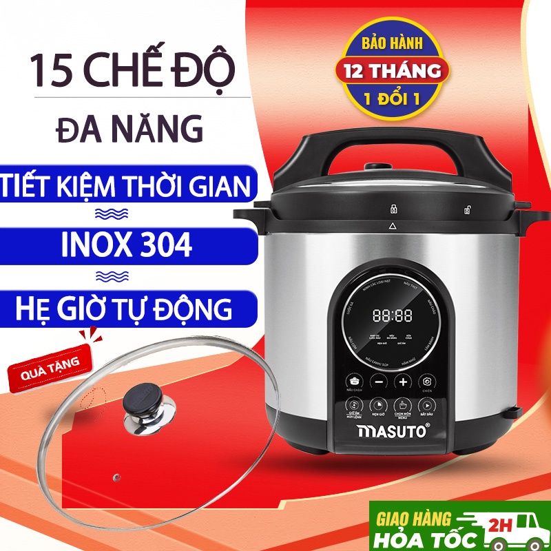Nồi áp suất điện đa năng Masuto 6L chế độ ninh hầm chậm giữ nguyên 90% chất dinh dưỡng tặng kèm nắp kính cường lực