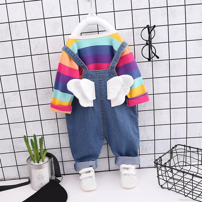 Set áo sọc cầu vồng + Quần yếm cho bé