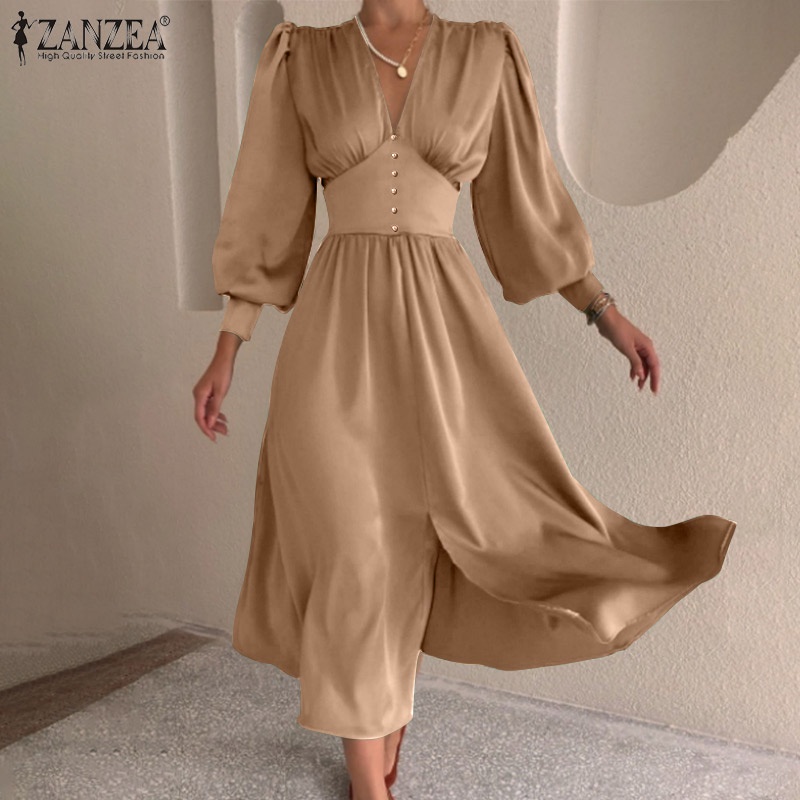 Đầm Dài Zanzea Dáng Chữ A Tay Phồng Cổ Chữ V Ôm Eo Phối Khóa Kéo Thời Trang Cho Nữ