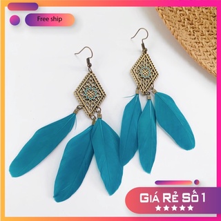 Khuyên tai boho hình thoi lông vũ xanh cổ vịt thu hút ánh nhìn - Tiệm Cói Cô Lê