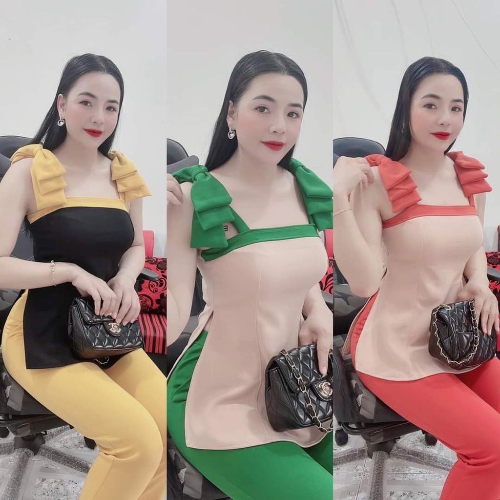 Set Đồ Bộ Nữ Thun Cát Hàn Mặc Nhà Dành Cho Nữ, Đồ Bộ Nữ Form áo xẻ tà vai bảng to sành điệu-CHTK1