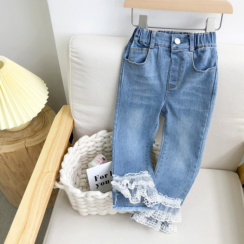 Quần Jean Denim Dài Phối Ren Thời Trang Chất Lượng Cao Cho Bé Gái