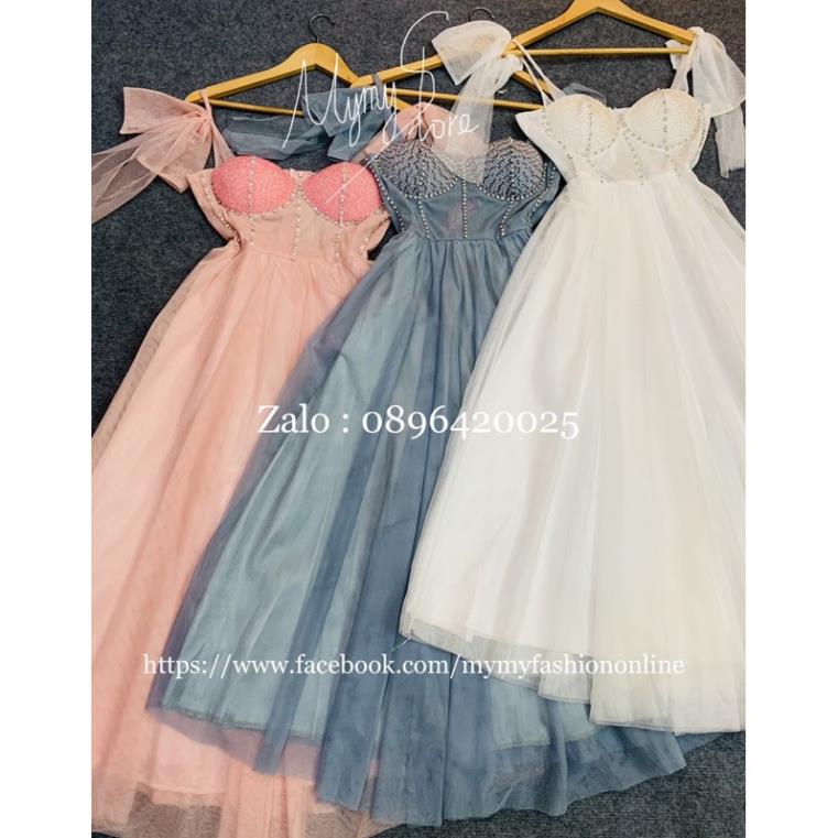 Đầm xoè 2 dây cột nơ ngực kết đá pha lê dày sang trọng - size M/L  MS278V