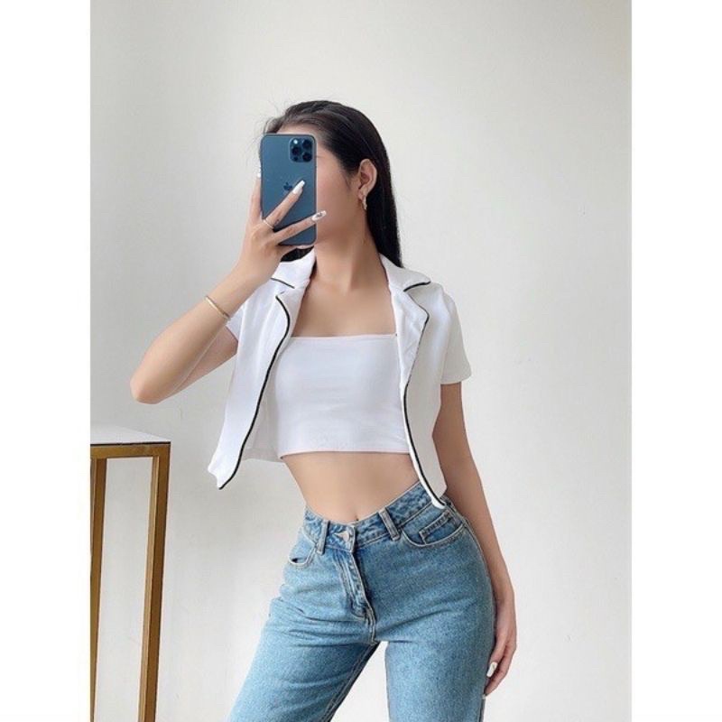 Áo croptop cổ bẻ may viền Michi mặc hai kiểu siêu xinh