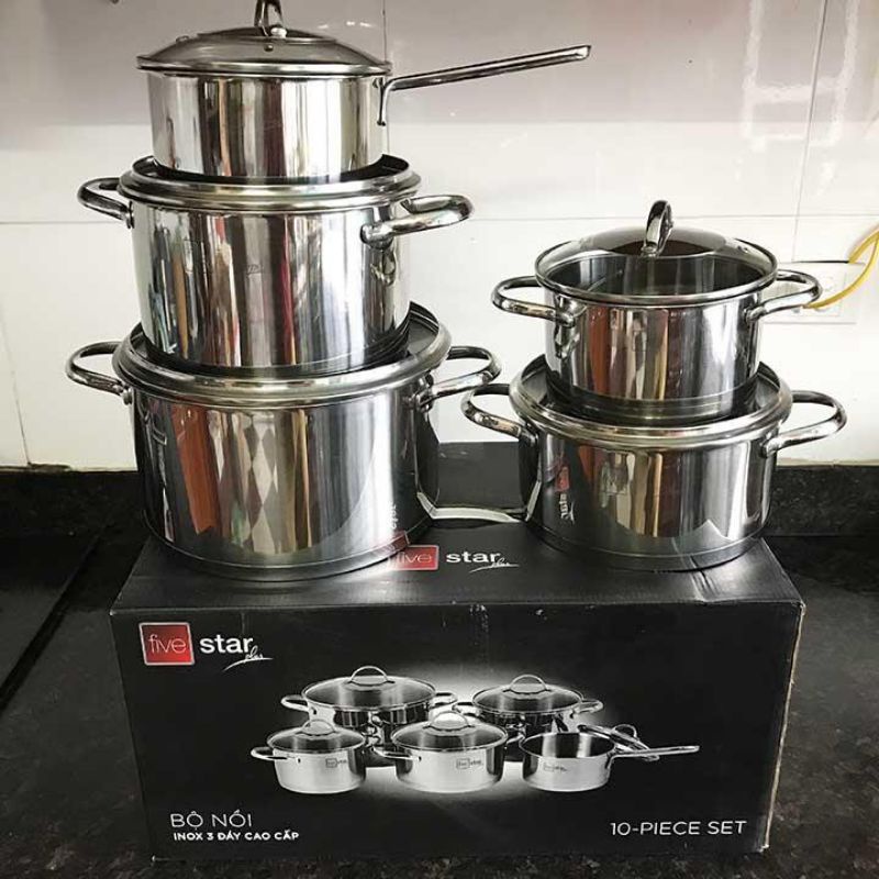 Bộ nồi quánh 3 đáy inox 304 Fivestar Plus quai Oval kiểu Silit 5 món nắp kính