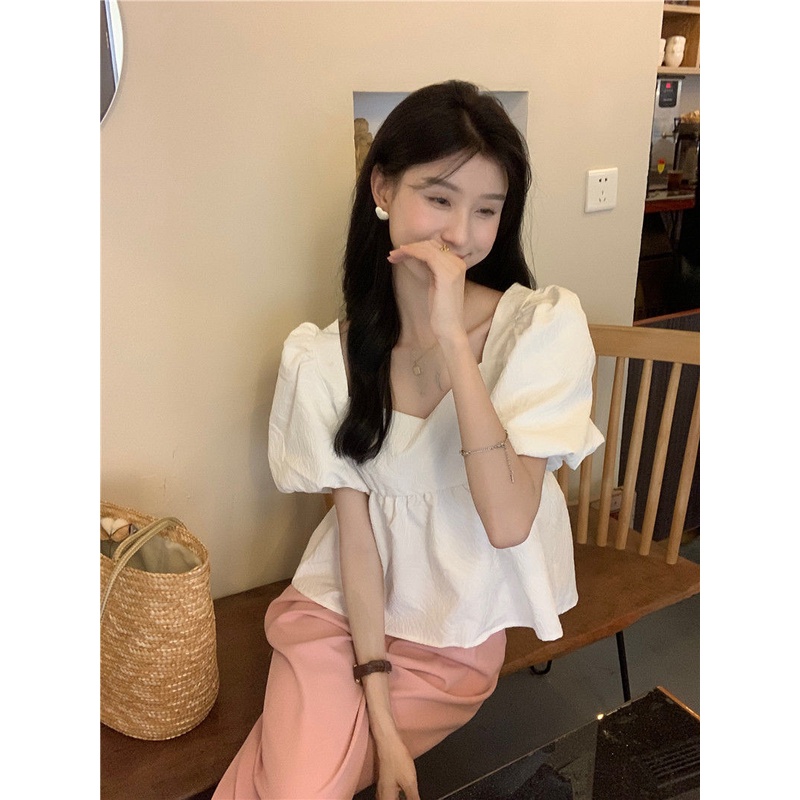 Áo Sơ Mi Tay Phồng Ngắn Cổ Vuông Màu Trơn Ngọt Ngào Thời Trang Cho Nữ