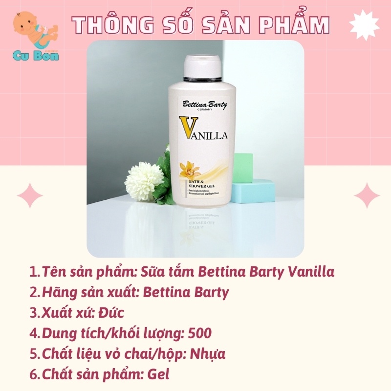 Sữa Tắm Nước Hoa trắng da của Đức cao cấp Bettina Barty Vanila 500ml Giữ Hương Thơm Lâu Tự Nhiên làn da mịn màng mềm mại