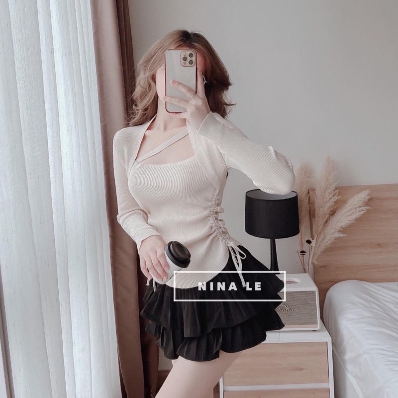 Áo kiểu nữ chất thun gân kiểu rút dây 2 bên phối dây chéo cổ dễ thương cá tính. free size dưới 56kg