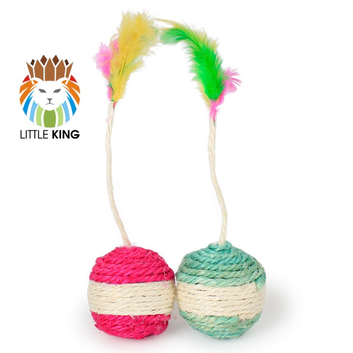Đồ chơi cho mèo Bóng cói sisal dây thừng lông vũ cỡ to 7cm Little King pet shop