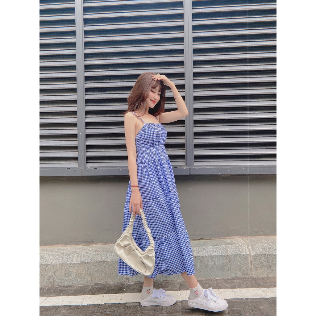 Đầm Maxi Hai Dây Kẻ Caro Xanh 🌺 Váy babydoll dáng dài nhiều tầng họa tiết ô vuông mặc đi biển, form rộng suông trơn 🌺