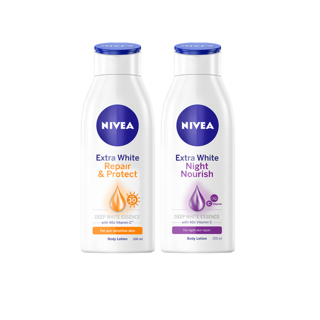 Bộ đôi NIVEA Sữa dưỡng thể dưỡng trắng ban ngày (200ml) - 88310 và Sữa dưỡng thể dưỡng trắng ban đêm (250ml) - 88125