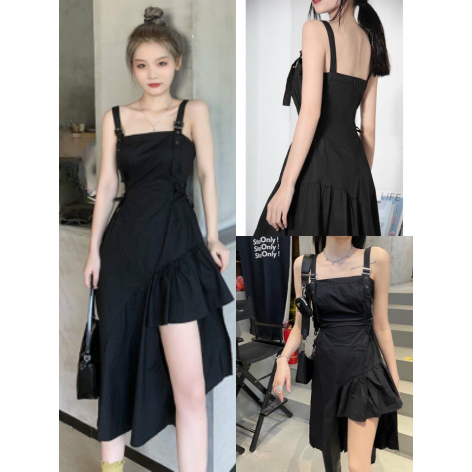 Đầm 2 Dây Đen Buộc Eo Lệch Tà , Váy Nữ Chất Đũi Dây Điều Chỉnh Q020