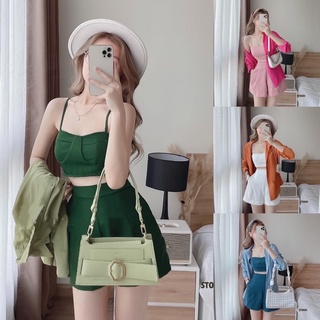 Set áo dây croptop quần short áo khoác sơ mi ngoài 3 món đi chơi, du lich đủ màu sắc (ST05)